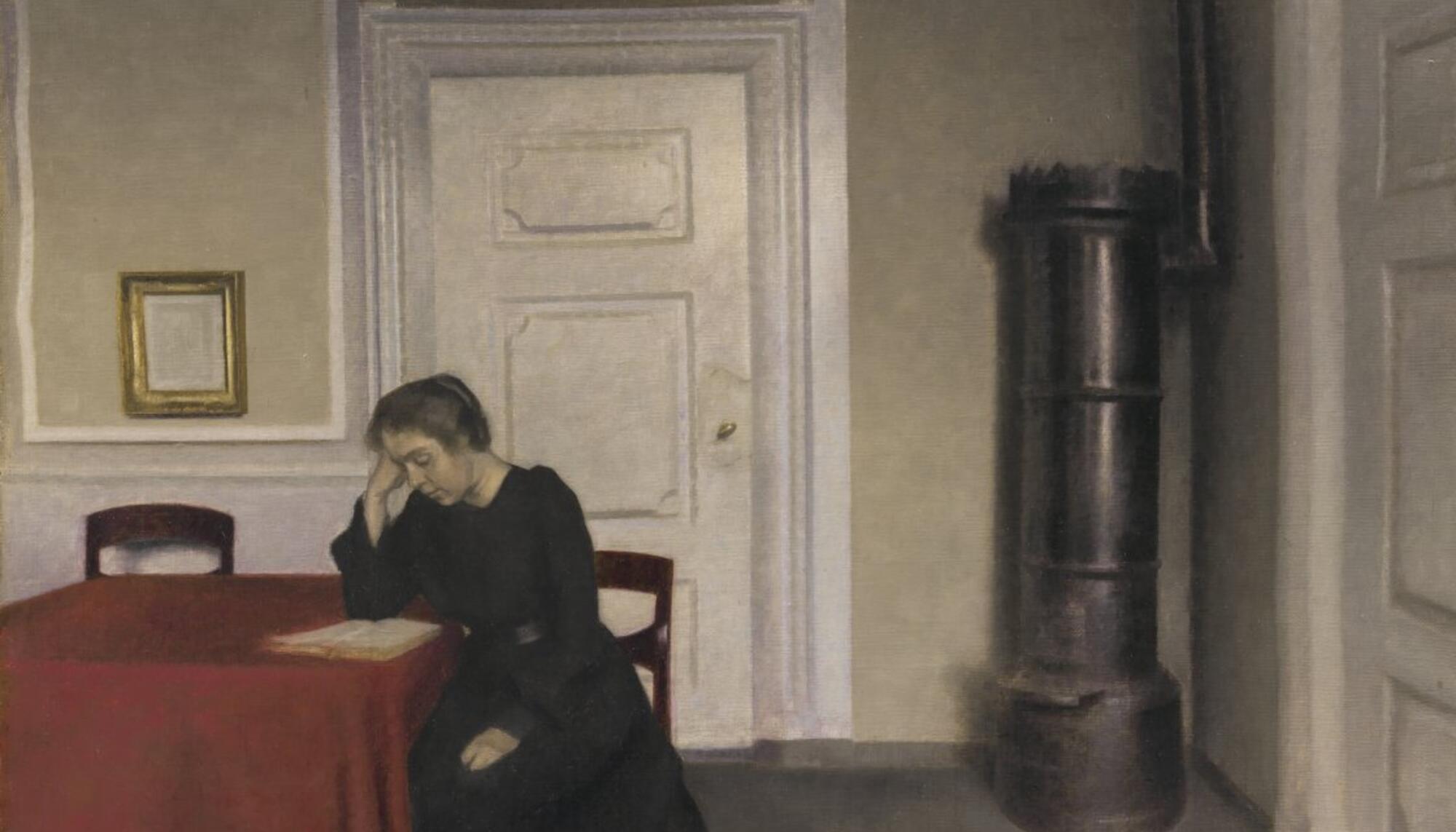 Una habitación en la casa de Vilhelm Hammershøi en Strandgade, Copenhague, con la mujer del artista, 1902