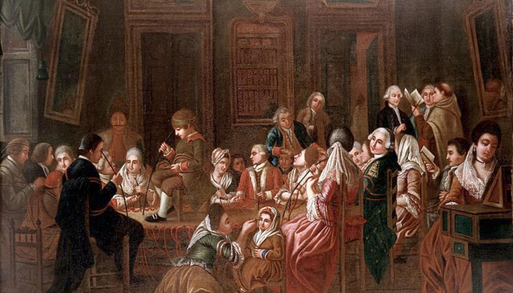 Mesmeric therapy. A group of mesmerised French patients. Oil painting by a French (?) painter, 1778-1784.