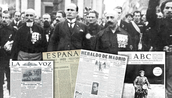 Mussolini (en el centro, con corbata) encabezando "La marcha sobre Roma", el 28 de octubre de 1922, con algunas de las páginas de los periódicos españoles que informaban del acontecimiento.
