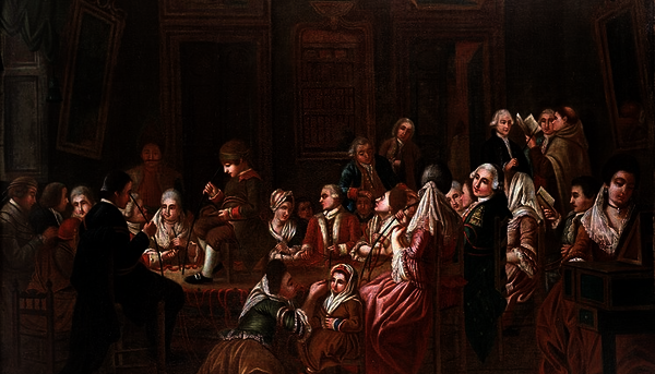 Mesmeric therapy. A group of mesmerised French patients. Oil painting by a French (?) painter, 1778-1784.
