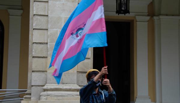 Manifestante con bandera trans