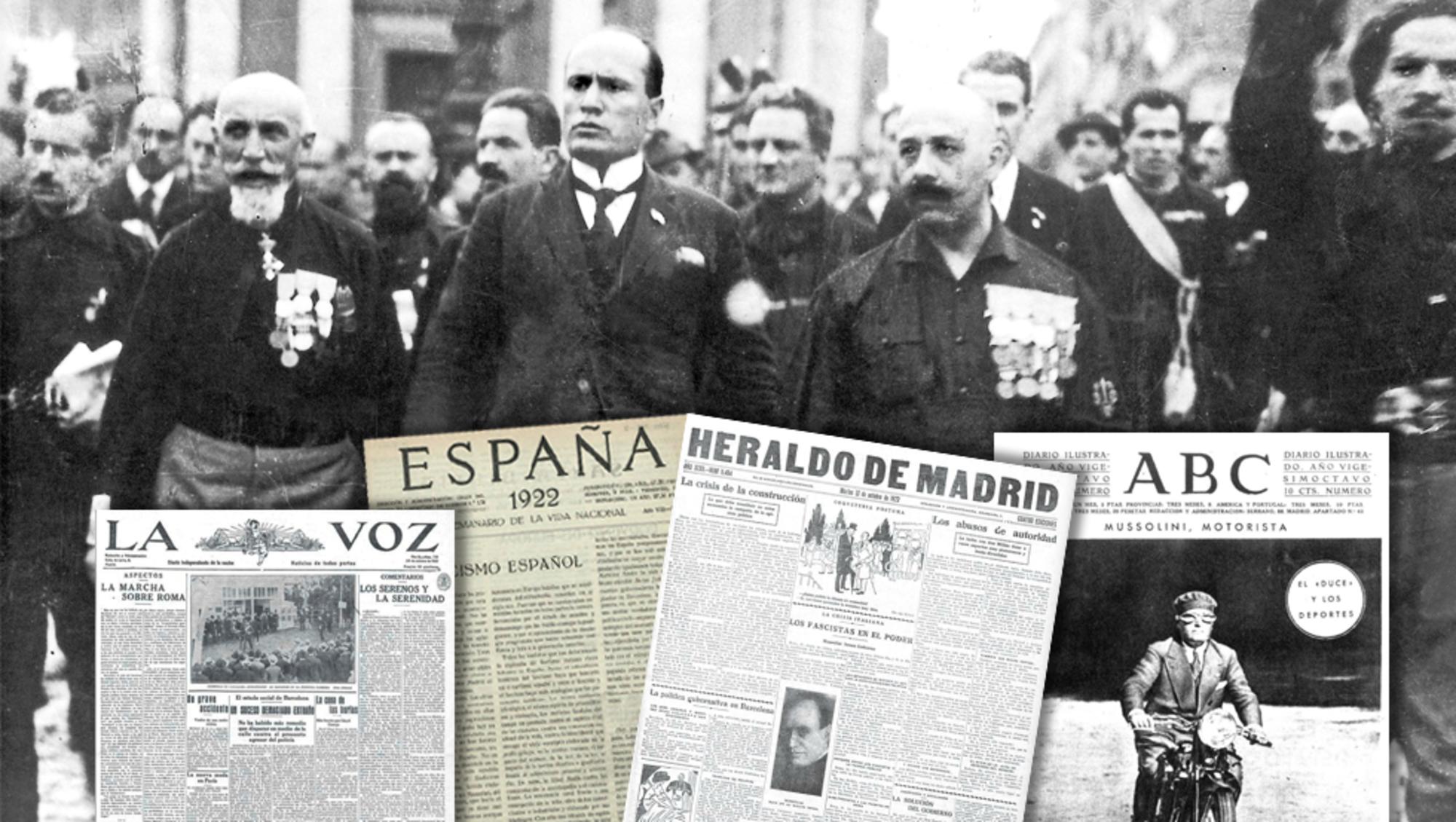 Mussolini en la Marcha sobre Roma, con algunas páginas de periódicos españoles.