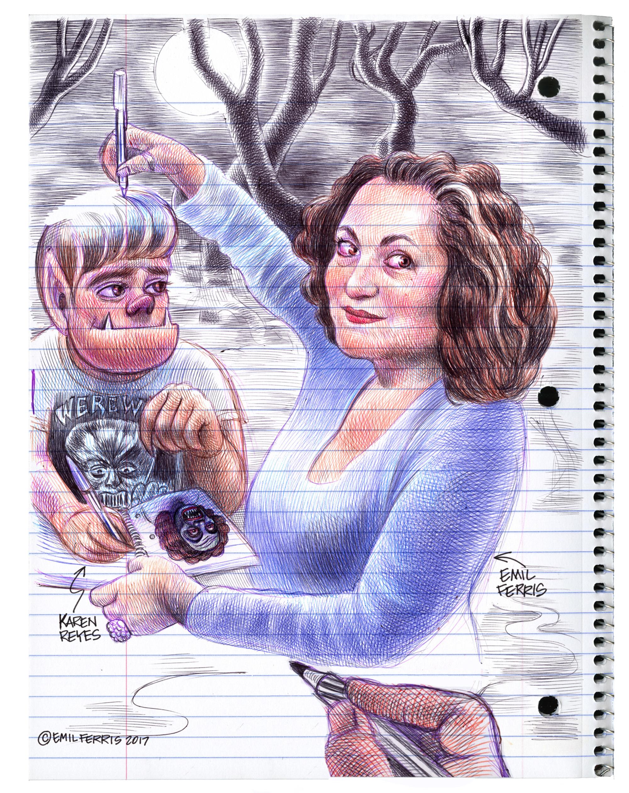 Autorretrato de la ilustradora Emil Ferris junto a su criatura, Karen Reyes