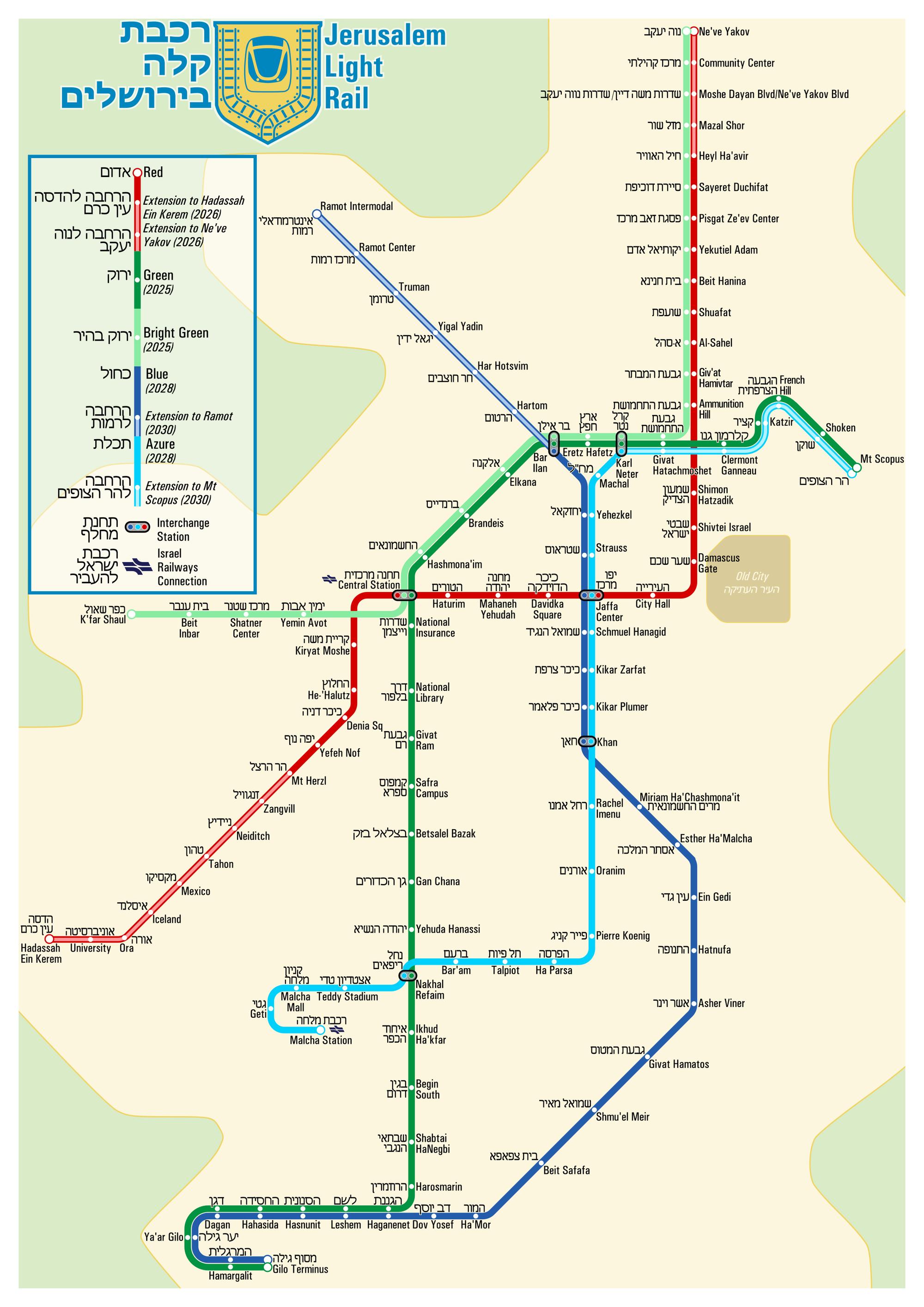 Mapa de la red de tren ligero del gran Jerusalén.