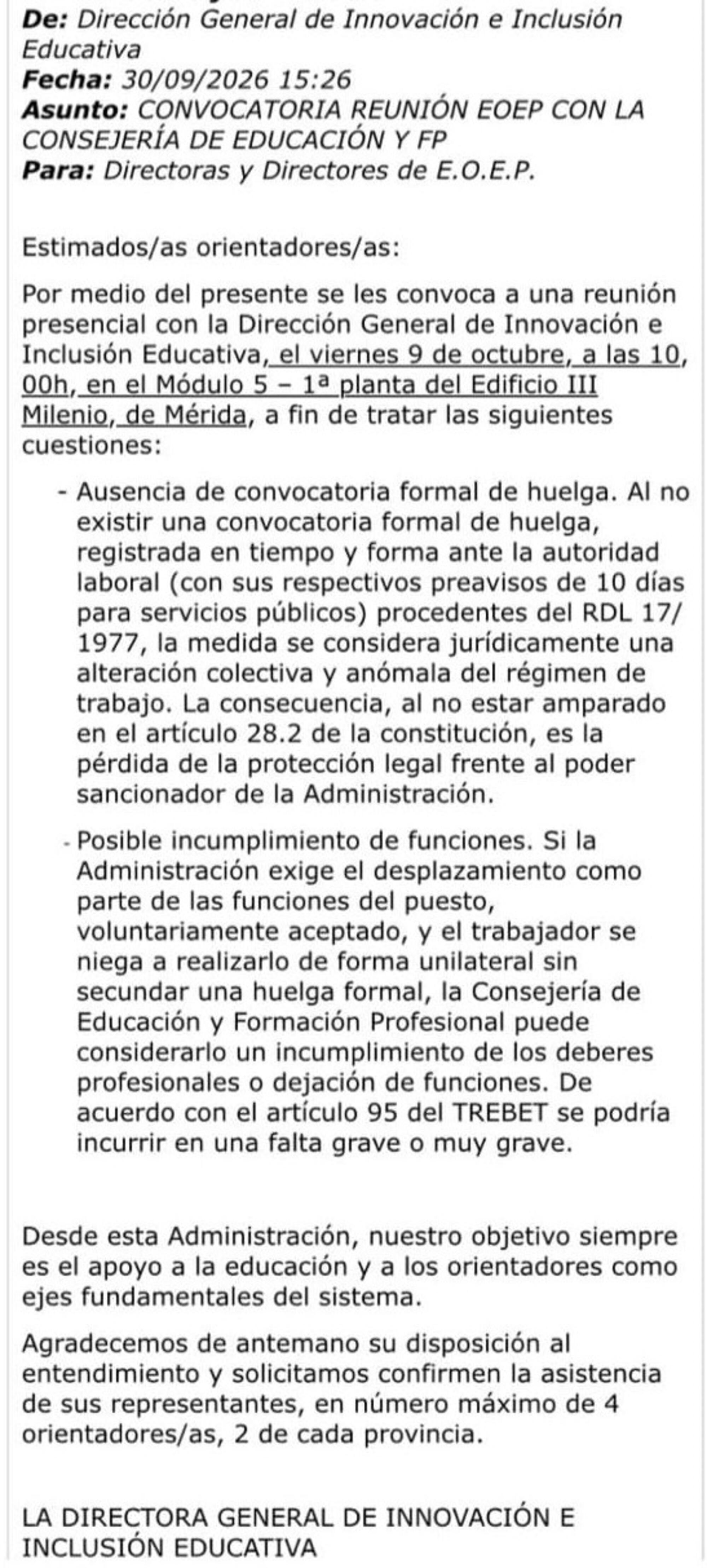 Mail amenaza profesorado Extremadura