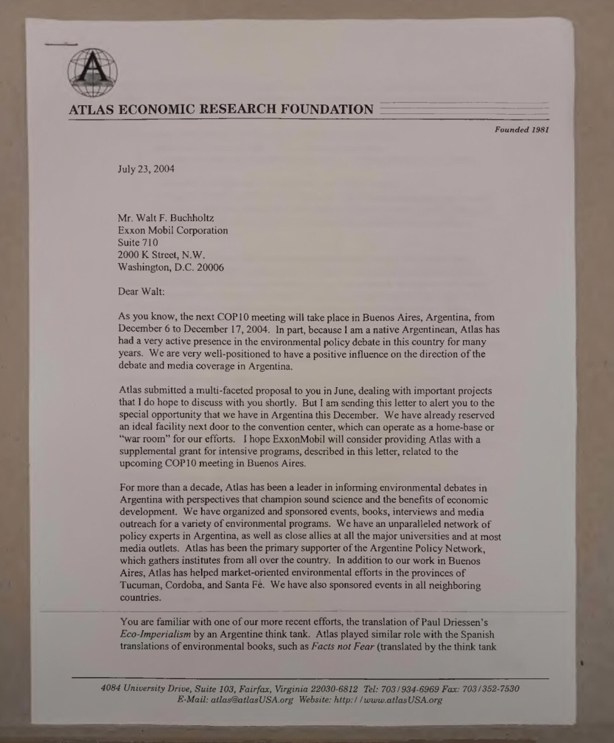  Parte de la carta que Altas Network envió a ExxonMobile para influir en la COP10 de Argentina 