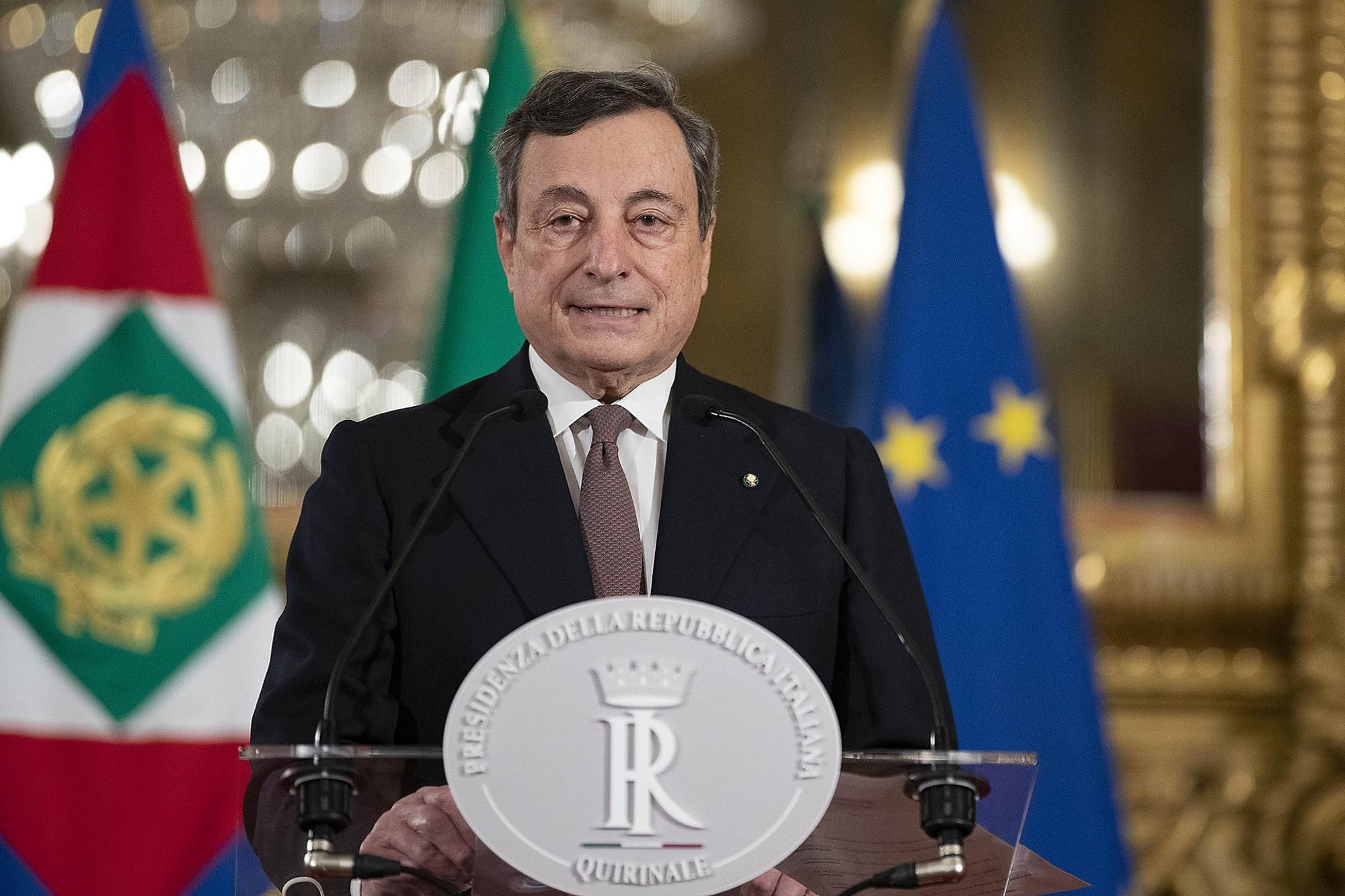 Mario Draghi en una rueda de prensa en el Palacio de Gobierno en febrero de 2021.