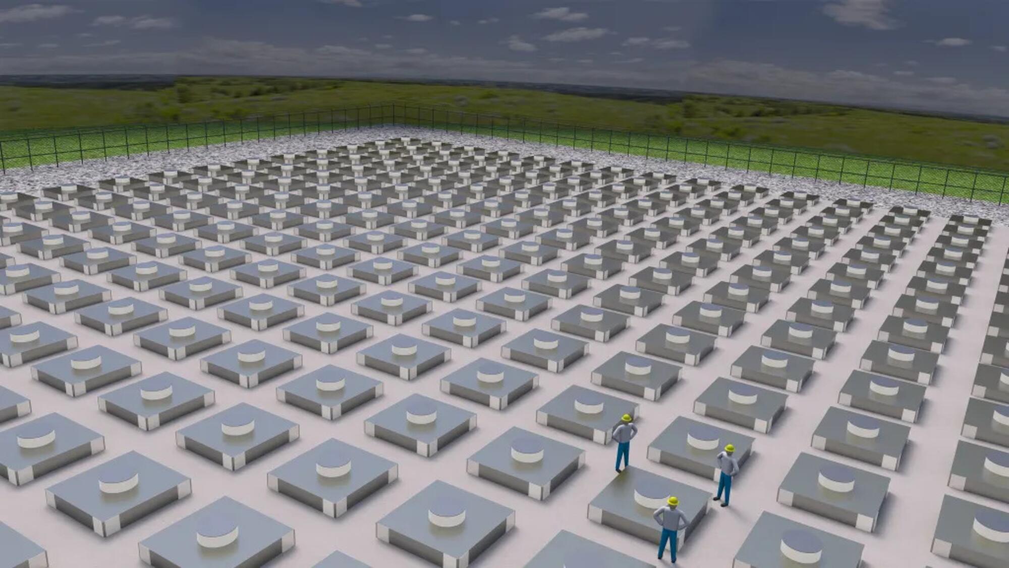 Representación artística de cómo habría sido el almacén provisional al aire libre de residuos radiactivos de Holtec en Nuevo México. (Imagen: Holtec International)