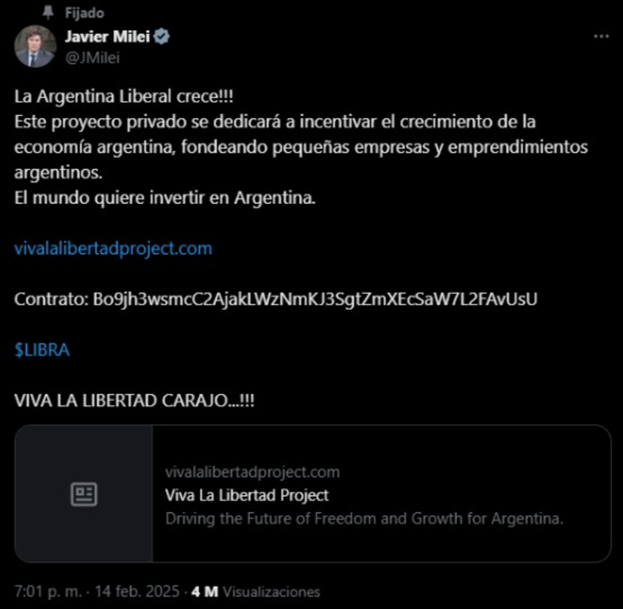 El polémico tuits de Javier Milei, que borró cuando la criptoestafa ya se había perpetrado.