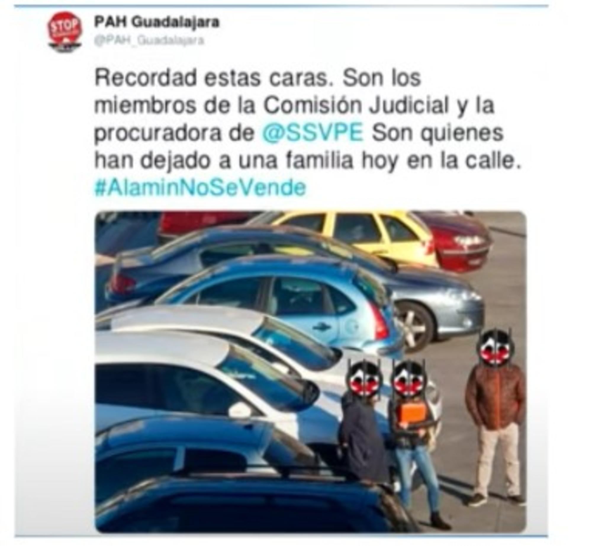 Tuit de PAH Guadalajara sobre el desahucio en el barrio del Alamín