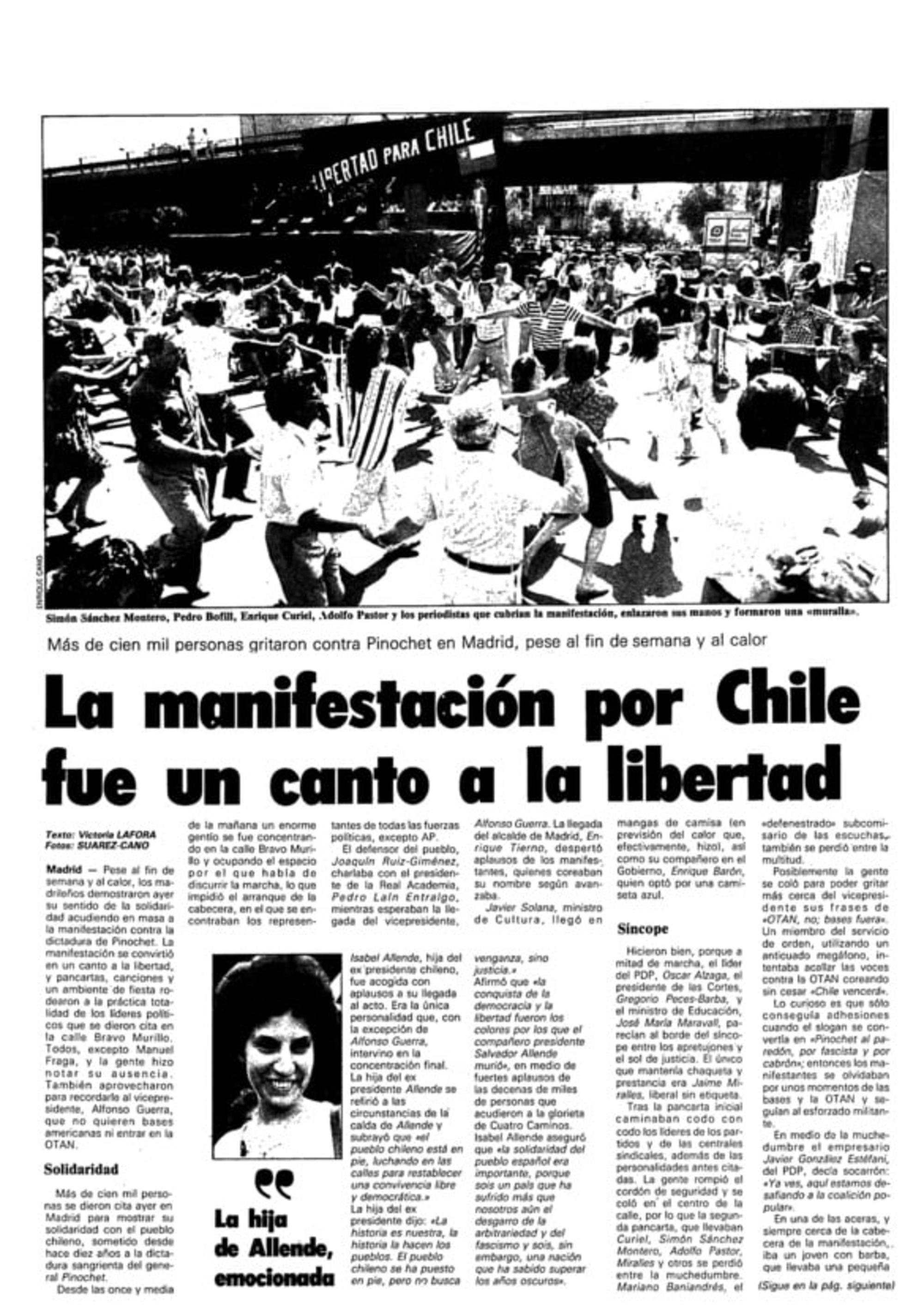 El 16 de septiembre de 1986, cerca de 100.000 personas se manifestaron en Madrid por la democracia y los derechos humanos en Chile.