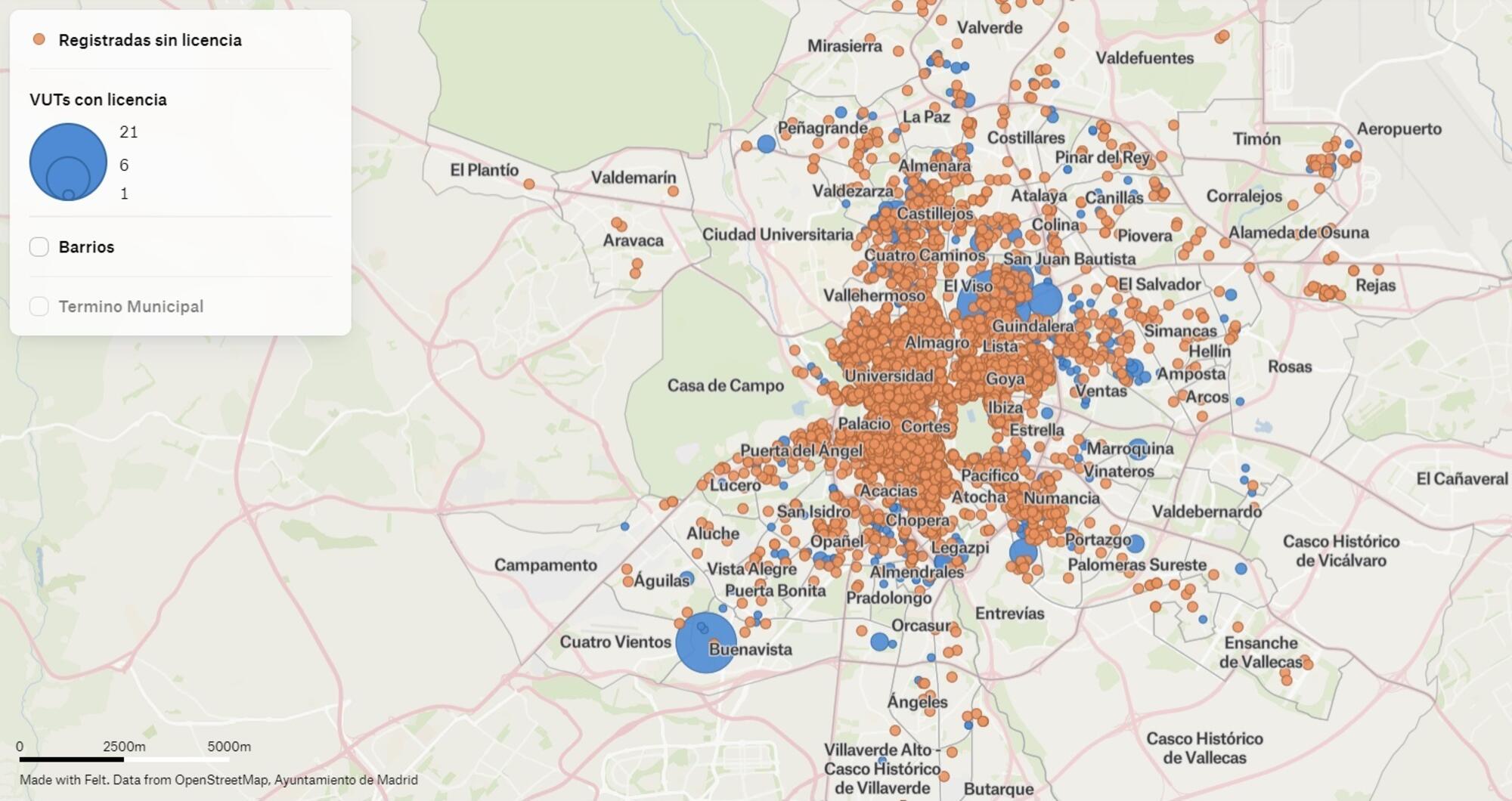 Mapa de pisos turísticos ilegales en Madrid