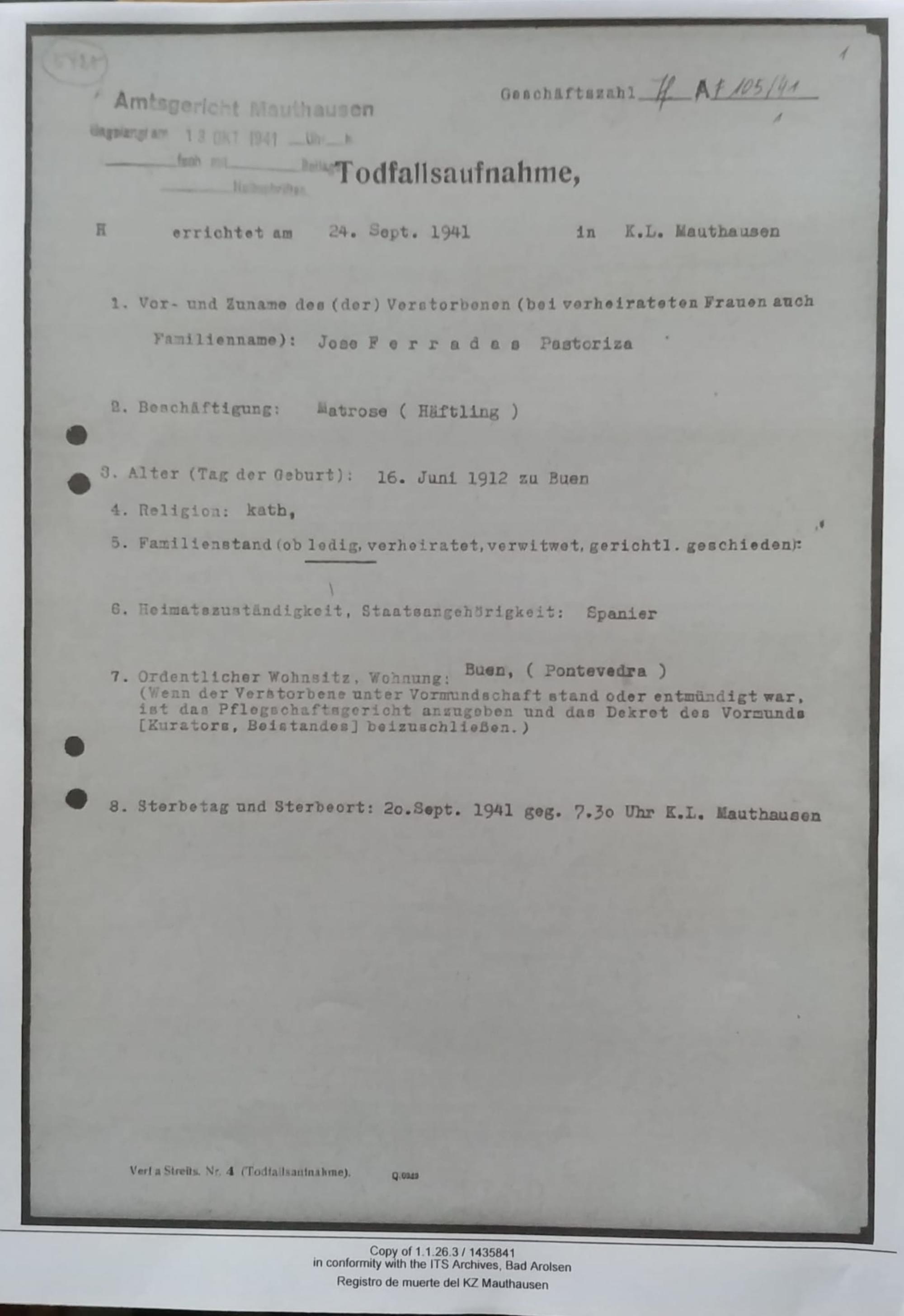 Rexistro da morte de José Ferradás Pastoriza no campo de concentración alemán. Cedido pola familia